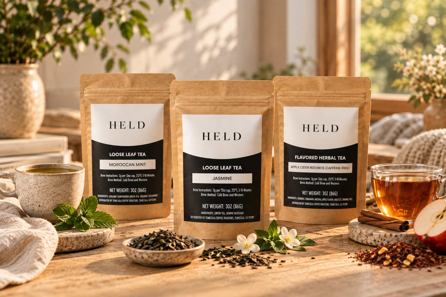The HELD Collection: three HELD kraft tea pouches on a sunlit wooden table