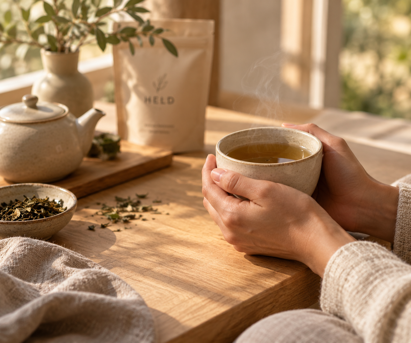 Hands holding a steaming ceramic cup of tea beside a HELD tea pouch
