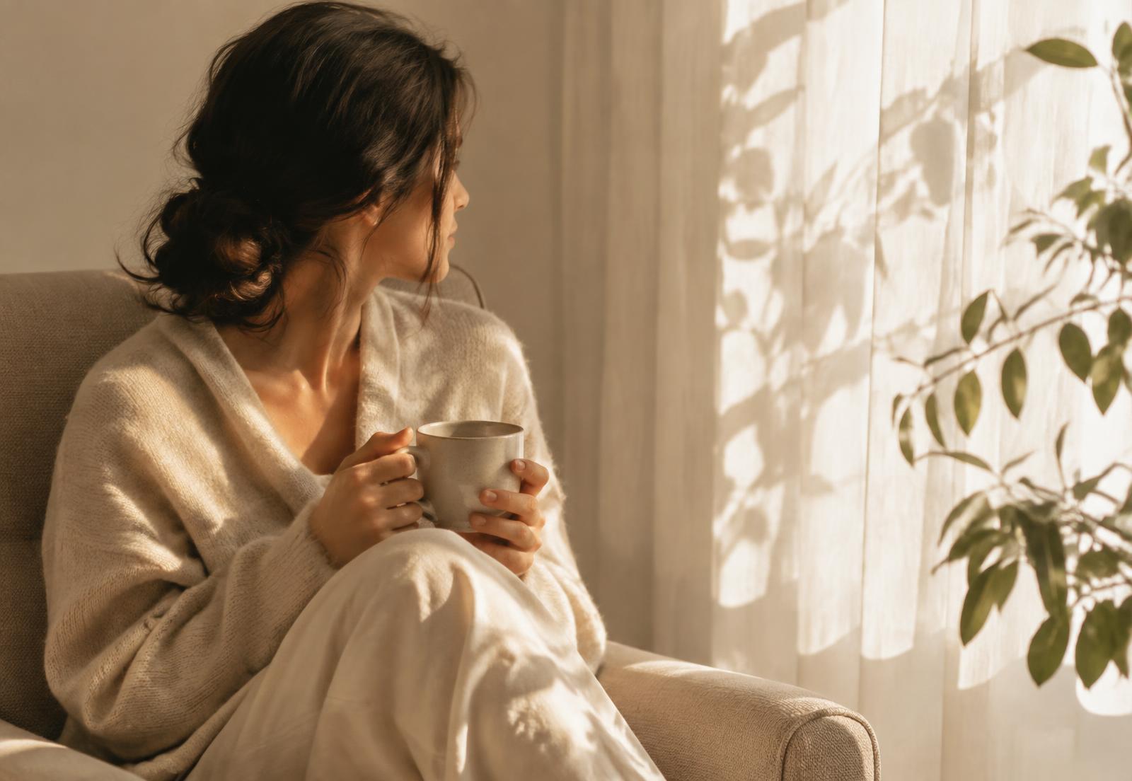 A woman resting by a window with a cup of tea